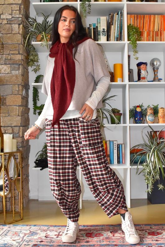 Jasper Plaid Brushed Cotton Shelby Barrel Pant Burgundy